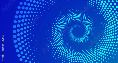An illustration with bright concentric circles of blue dots on a dark background. The composition creates a sense of movement and depth, as if the viewer is looking into a funnel or tunnel of light