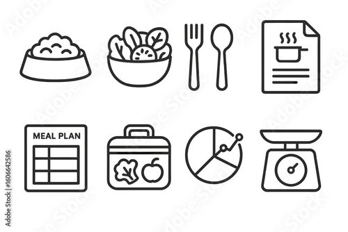 Healthy meal planning icons including food, utensils, and nutrition chart