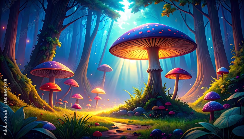 Fototapeta premium Enchanted forest, colorful mushrooms