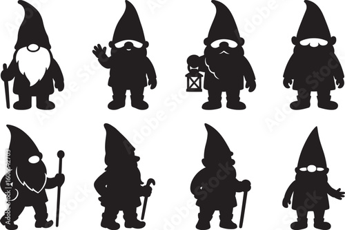 Funny gnome characters set in flat black style bundle Silhouette Vector and illustration design