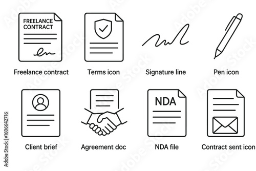 Icon set illustrating freelance contract elements with nda and signature line