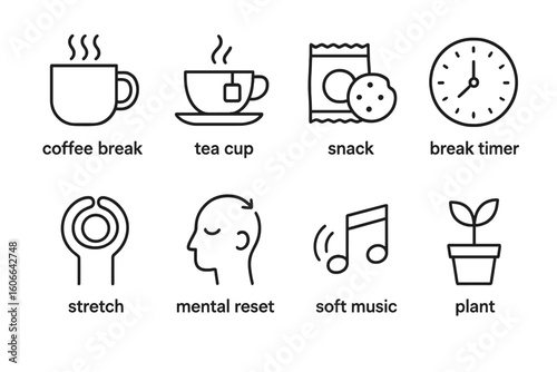 Icons for coffee break, tea cup, snacks, timer, stretch, mental reset, soft music, plant
