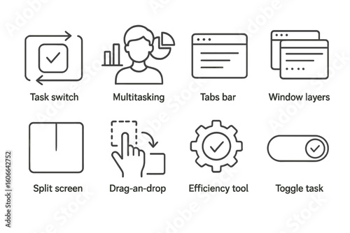 Digital interface icons for task management and productivity enhancement