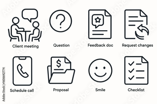 Business icon set illustrating client meetings, feedback, and task management