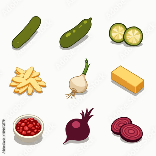 Isometric Pickle Icon Set. Isometric Flat icon set of pickle varieties: dill pickle spear, sweet pickle slice, bread-and-butter 