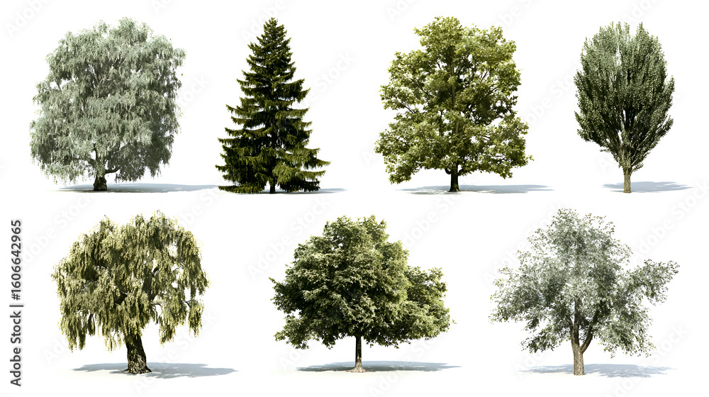 Fototapeta premium Diverse Tree Collection: Isolated Renderings on White Background, Botanical Variety.