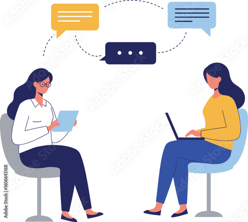 Two Women Communicating with Speech Bubbles, Online Consultation, Business Discussion, or Therapy Session, Modern Digital Interaction and Conversation Vector Illustration.