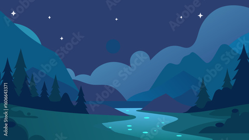 Calm Night Scene in Valley with Glowing Stars