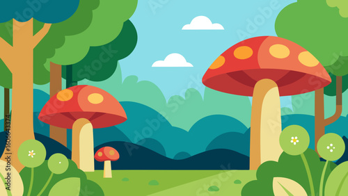 Cartoon Forest Glade with Mushrooms and Plants