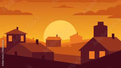Sunset Over Village Rooftops