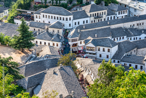 The old castle and fortress of Gjirokaster or Gjirokastra in Southern Albania. Old town is a UNESCO World Heritage Site. Closeup of Architectural Buildings.