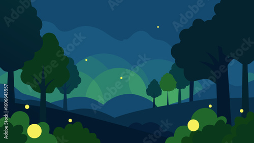 Night Forest Landscape with Fireflies