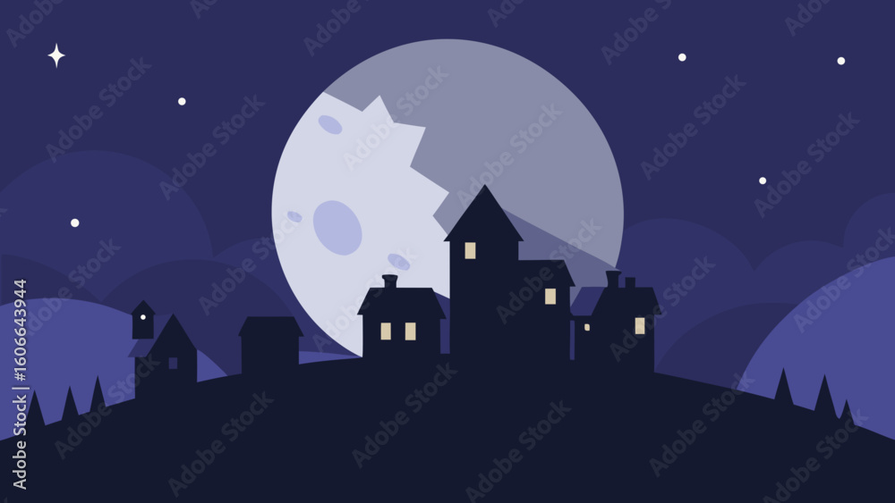 Fototapeta premium Full Moon Rising Over Ghostly Village