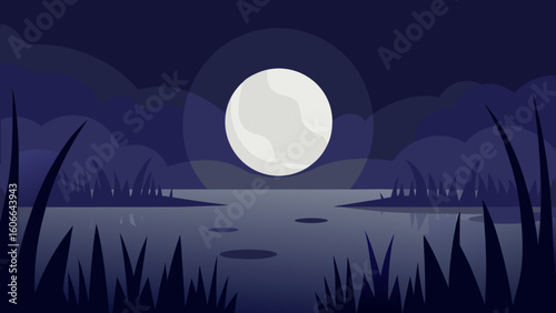 Full Moon Shining Over Foggy Marsh