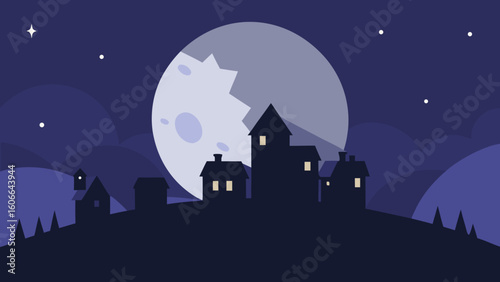 Full Moon Rising Over Ghostly Village