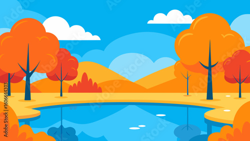 Peaceful Park Lake Surrounded by Orange Trees