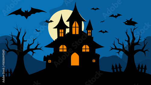 Silhouette of Haunted House with Bats and Trees