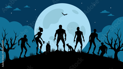 Silhouette of Zombies Under Full Moon
