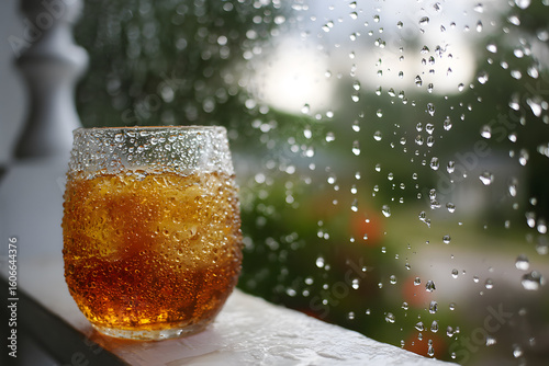 A glass of iced tea or lemonade on a porch railing with condensation beads