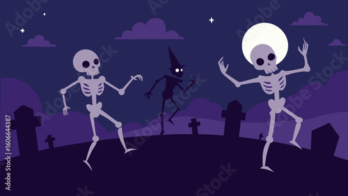 Skeletons Dancing in Graveyard at Night