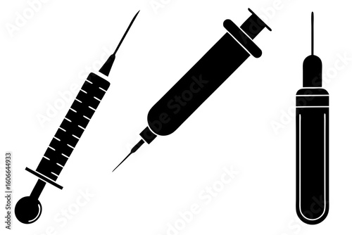 Black silhouette icons of medical syringes and a vial