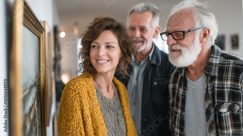 Three smiling seniors admire artwork in a gallery, enjoying a cultural and social outing together.