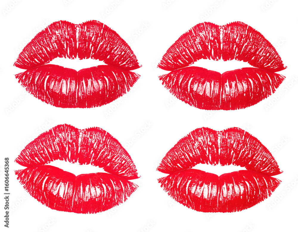 Obraz premium Four red lipstick kiss marks arranged in a grid pattern, showcasing lip texture and shape.