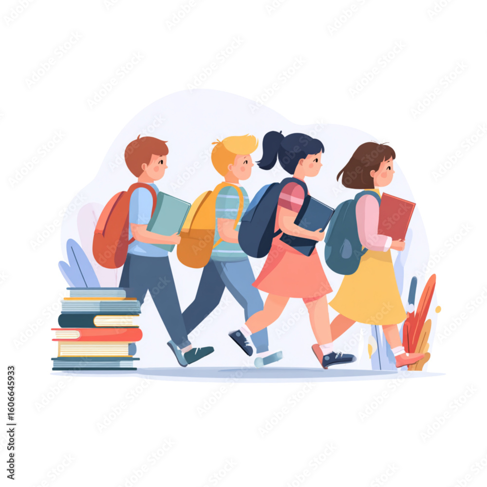Fototapeta premium Group of Students and Books School Vector Banner Children Book Classfellows 
