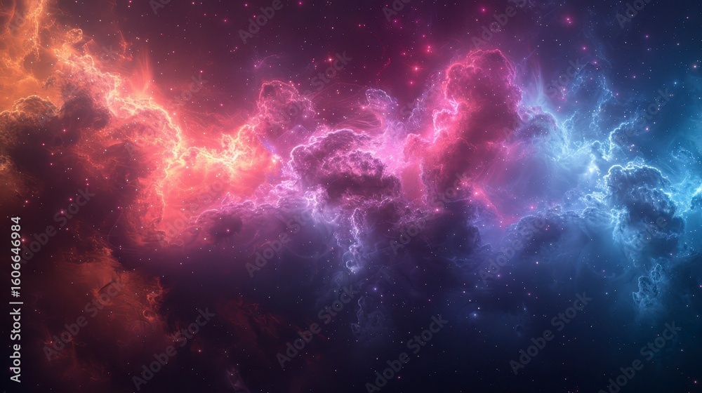 Fototapeta premium Swirling cosmic nebula with orange, pink, and blue hues against a dark starry background