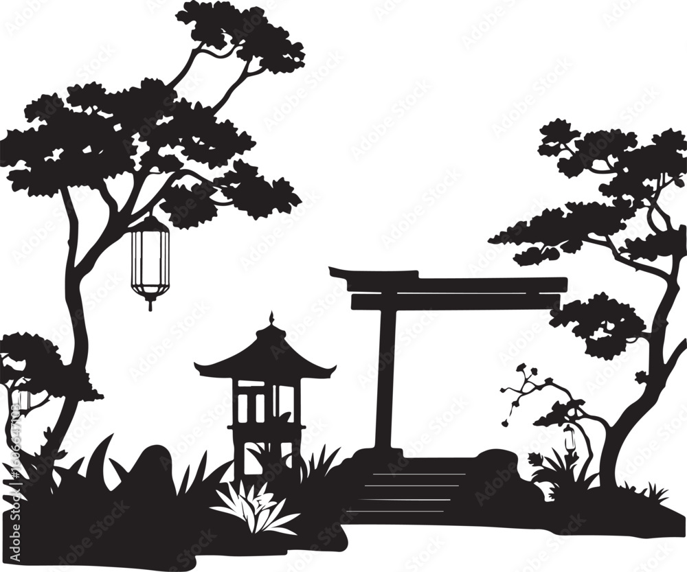 Fototapeta premium A classic black and white vector illustration of a Japanese garden silhouette, with futuristic sci-fi elements and space-age technology subtly integrated.