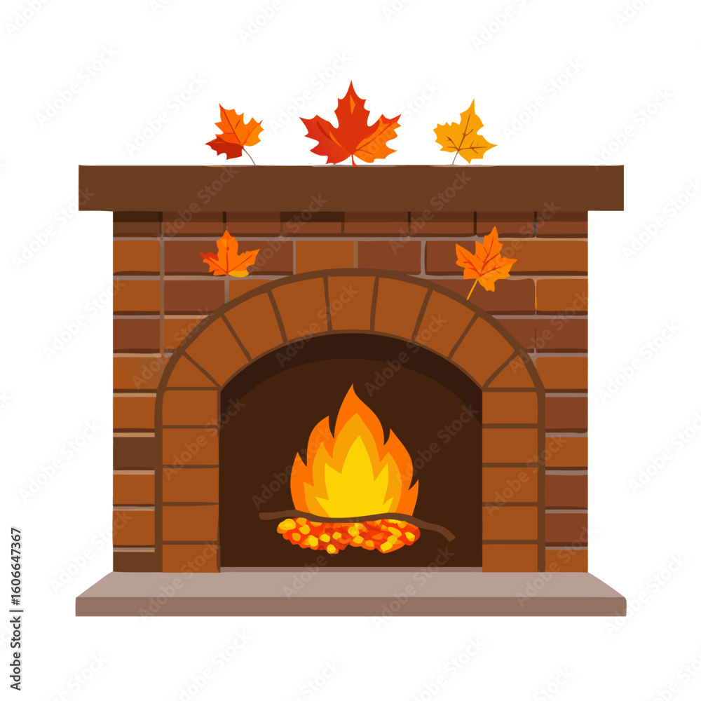 Fototapeta premium Cozy Brick Fireplace with Burning Fire and Autumn Maple Leaves Vector