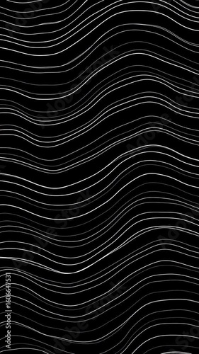 Abstract white thin liquid lines pattern seamless animation on a dark background. Slow, curved, wavy threads loop motion graphics. Minimalist technology or promo clip background concept
