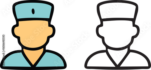 Two icons of a surgeon in scrubs and a cap, one in color and one as a black outline.