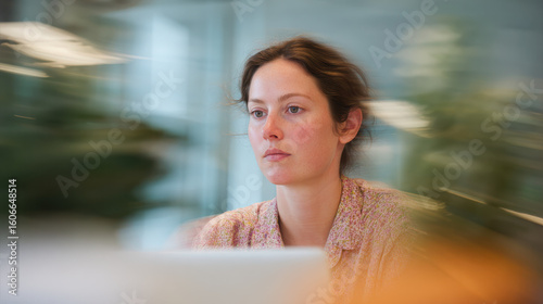 Young woman focused on laptop screen working in modern office with blurred background
