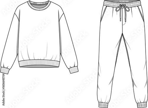 White Unisex Sweatshirt and Jogger Pants Set, Fashion Flat Sketch Vector, Comfortable Casual Loungewear Apparel Design, Modern Streetwear Template for Adults.