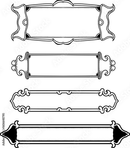 featuring four decorative frame ornament designs extending to the side in a vintage or classic style