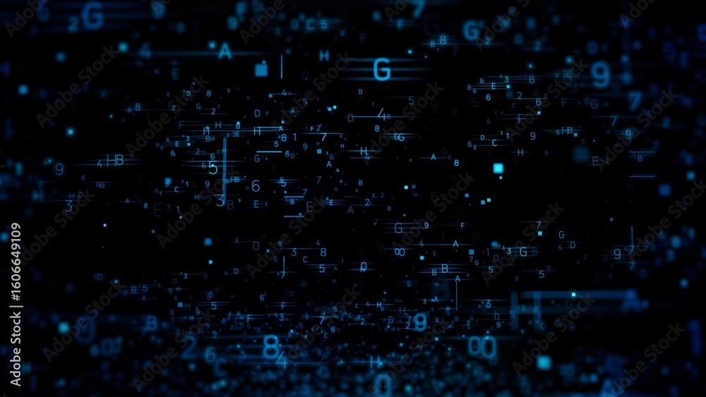 Fototapeta premium Futuristic Digital Data Flow with Blue Numerical and Alphabetical Particles on Dark Background
