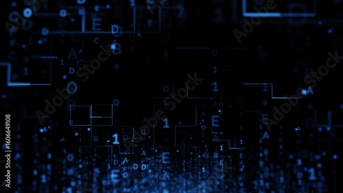 Futuristic Digital Data Stream in Abstract Grid With Floating Codes and Elements