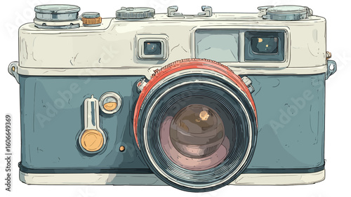 A digital illustration of a vintage 35mm rangefinder camera. The camera is depicted in a stylized, slightly cartoonish manner with a predominantly blue and cream color scheme. 