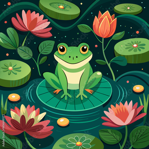Adorable frog sitting peacefully on lily pad surrounded by lotus flowers in a tranquil pond scene