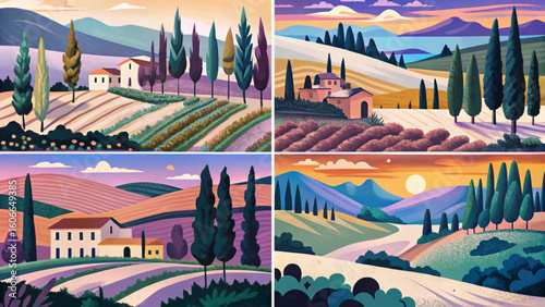 Set of vector illustration banners showing Italian countryside hills with pine trees, cypresses, and warm sunrise light. Perfect for travel, rural, and scenic designs