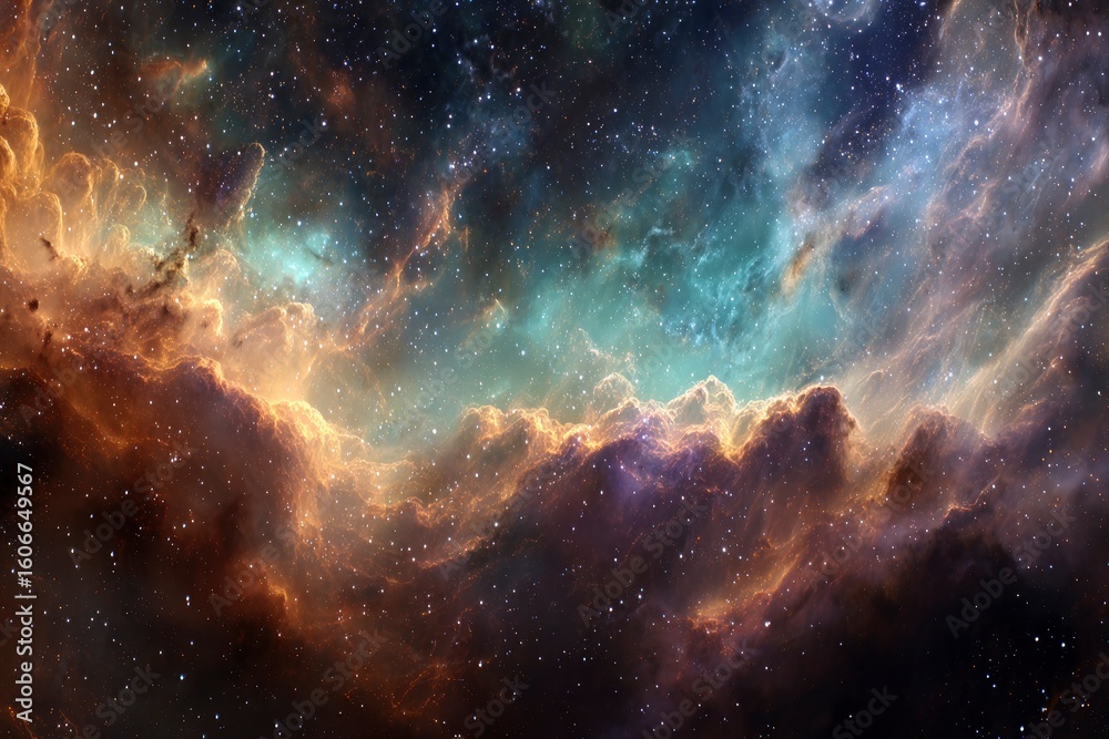 Obraz premium A wide shot of a nebula with orange and brown cosmic clouds and twinkling stars against a dark starry sky