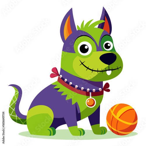 Cartoon Halloween dog with ball, whimsical playful pet character for children's design, stickers, and more