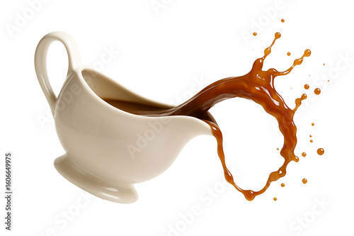 Gravy boat pouring gravy in motion on isolated transparent  background  