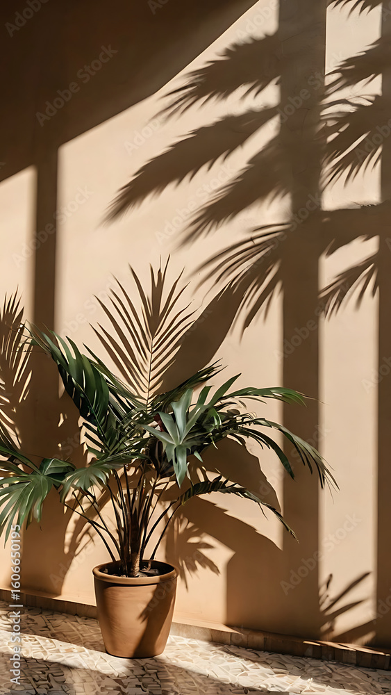 Fototapeta premium Palm leaf shadow on a warm beige wall in bright natural sunlight. Tropical atmosphere conveying a sense of calm, warmth