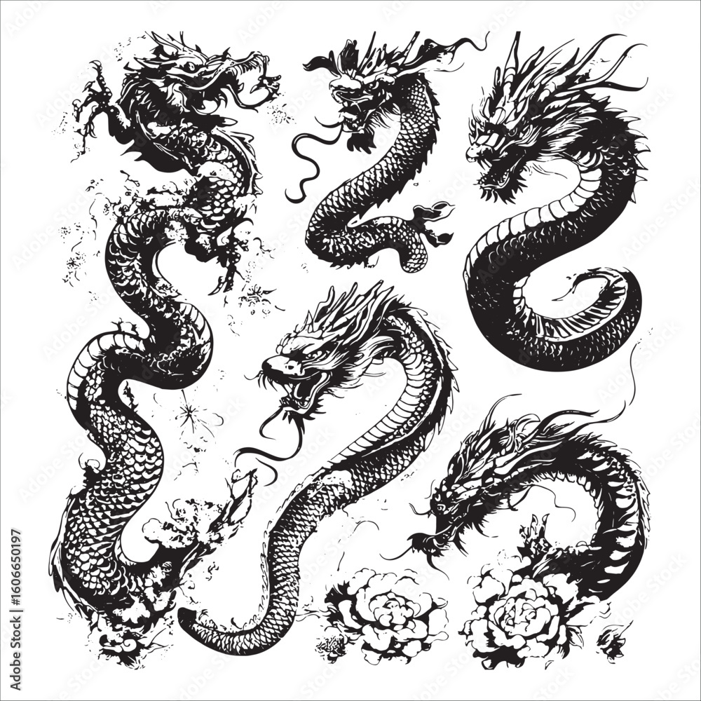 Obraz premium Five black and white stylized dragons swirling among flowers
