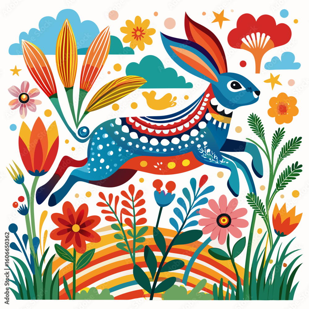 Naklejka premium Whimsical folk art rabbit leaps through colorful flowers bringing joy to your creative projects now
