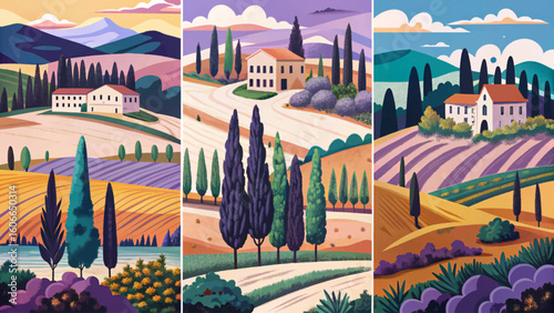 Set of vector illustration banners showing Italian countryside hills with pine trees, cypresses, and warm sunrise light. Perfect for travel, rural, and scenic designs