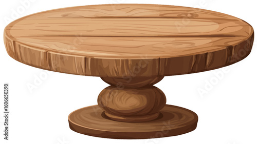 Digital illustration of a round wooden pedestal table. The table features a wide, flat circular top made of light brown wood planks with visible wood grain. The top rests on a sturdy, turned