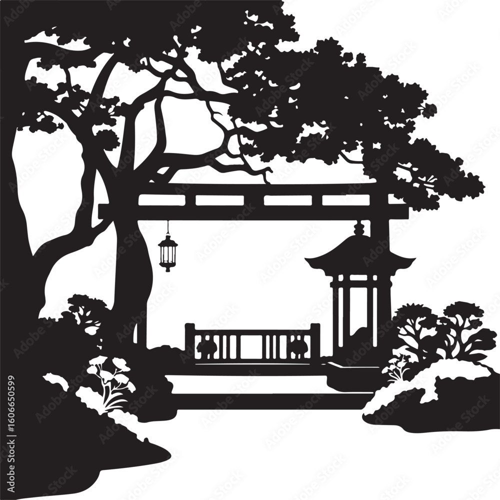 Fototapeta premium Black and white vector illustration of a Japanese garden silhouette with lanterns.
